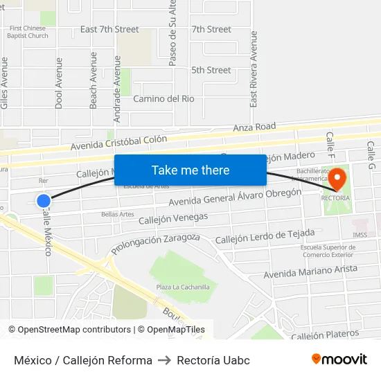 México / Callejón Reforma to Rectoría Uabc map