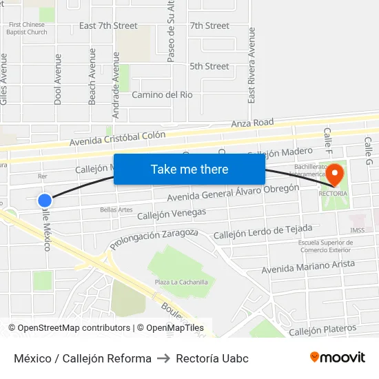 México / Callejón Reforma to Rectoría Uabc map