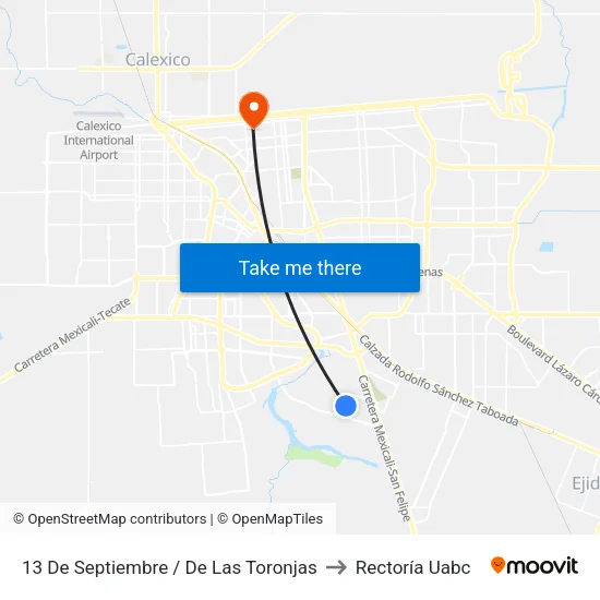 13 De Septiembre / De Las Toronjas to Rectoría Uabc map