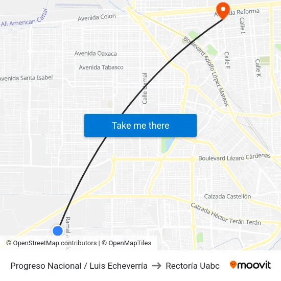 Progreso Nacional / Luis Echeverría to Rectoría Uabc map