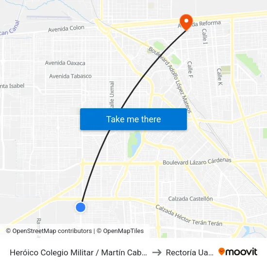 Heróico Colegio Militar / Martín Cabrera to Rectoría Uabc map