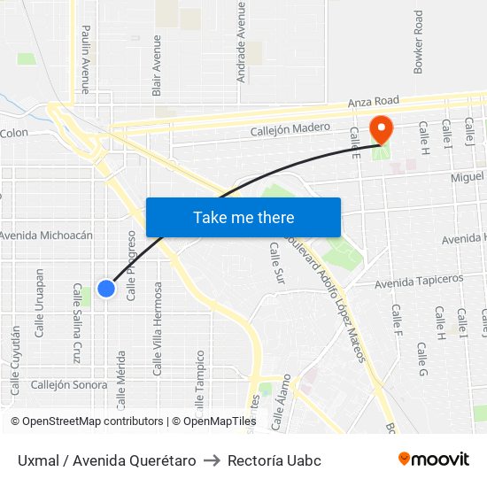 Uxmal / Avenida Querétaro to Rectoría Uabc map