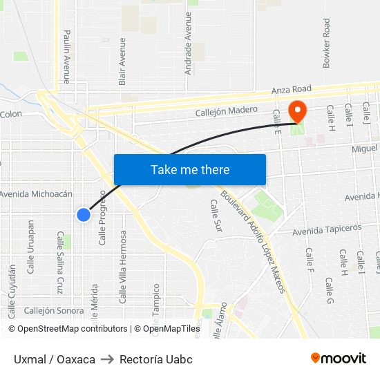 Uxmal / Oaxaca to Rectoría Uabc map