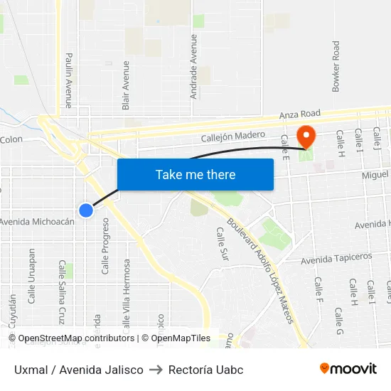 Uxmal / Avenida Jalisco to Rectoría Uabc map