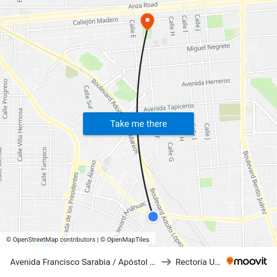 Avenida Francisco Sarabia / Apóstol Central to Rectoría Uabc map