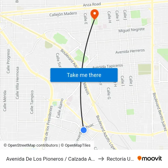 Avenida De Los Pioneros / Calzada Anáhuac to Rectoría Uabc map