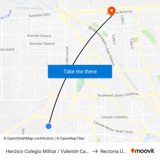 Heróico Colegio Militar / Valentín Canalizó to Rectoría Uabc map