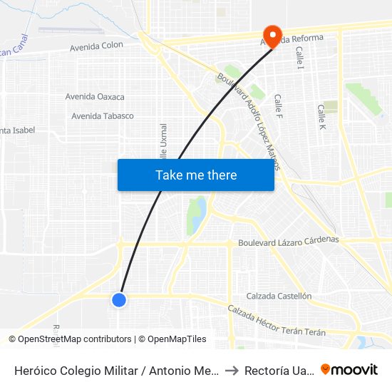 Heróico Colegio Militar / Antonio Medina to Rectoría Uabc map
