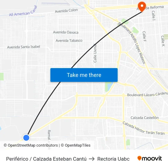 Periférico / Calzada Esteban Cantú to Rectoría Uabc map