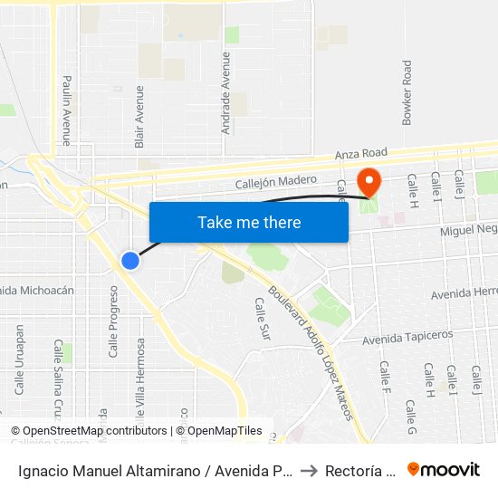 Ignacio Manuel Altamirano / Avenida Pedro Moreno to Rectoría Uabc map