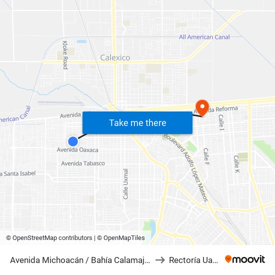 Avenida Michoacán / Bahía Calamajue to Rectoría Uabc map