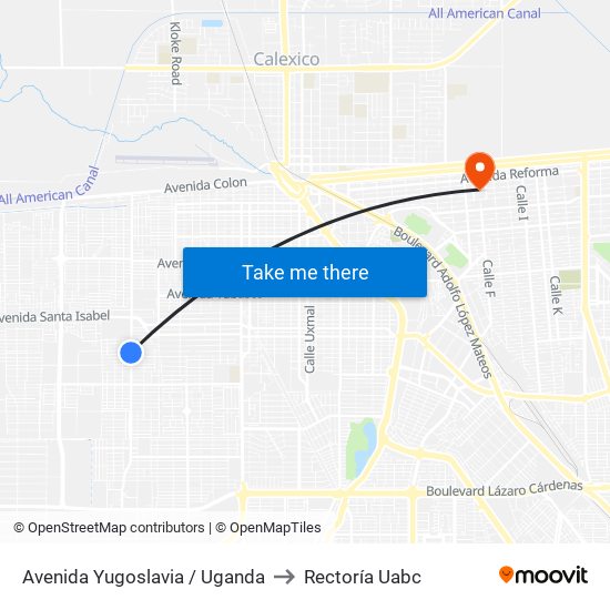 Avenida Yugoslavia / Uganda to Rectoría Uabc map