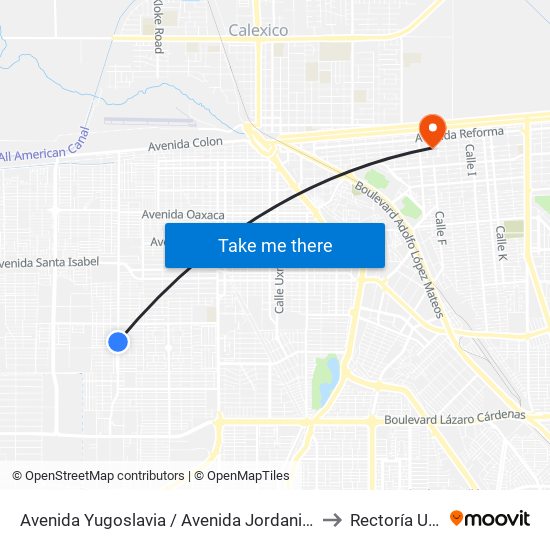 Avenida Yugoslavia / Avenida Jordania Norte to Rectoría Uabc map