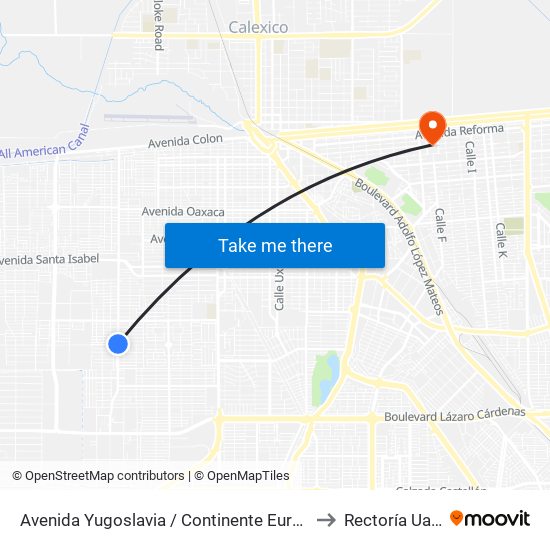 Avenida Yugoslavia / Continente Europeo to Rectoría Uabc map