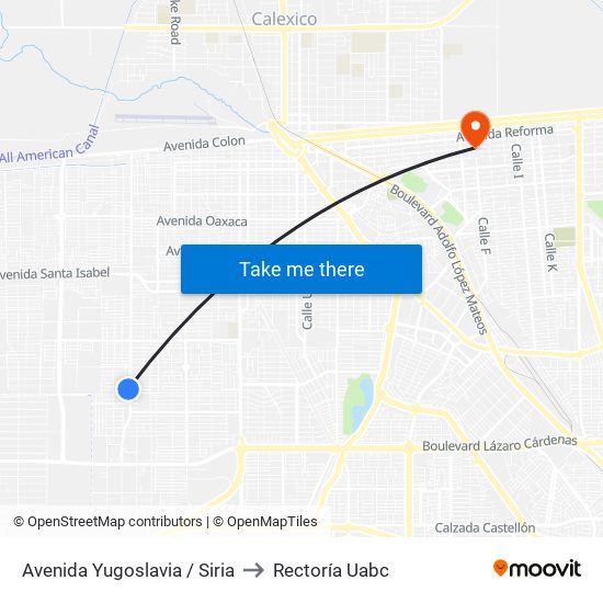 Avenida Yugoslavia / Siria to Rectoría Uabc map