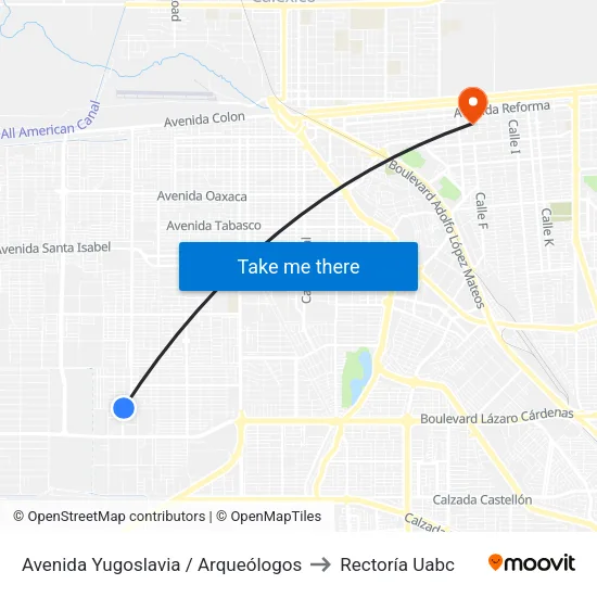 Avenida Yugoslavia / Arqueólogos to Rectoría Uabc map