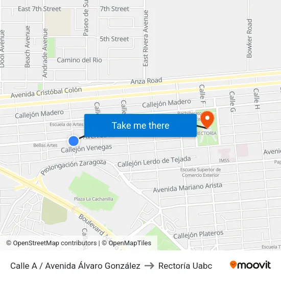 Calle A / Avenida Álvaro González to Rectoría Uabc map