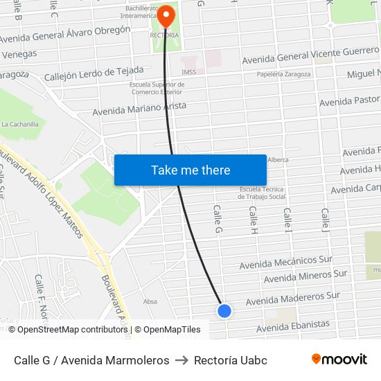 Calle G / Avenida Marmoleros to Rectoría Uabc map
