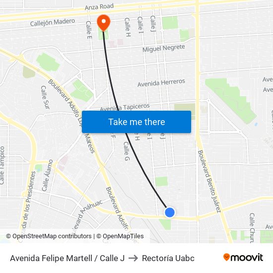 Avenida Felipe Martell / Calle J to Rectoría Uabc map