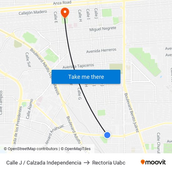 Calle J / Calzada Independencia to Rectoría Uabc map