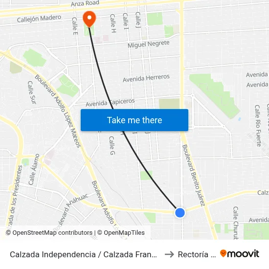 Calzada Independencia / Calzada Francisco Montejano to Rectoría Uabc map