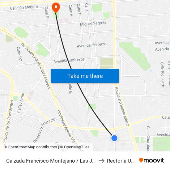 Calzada Francisco Montejano / Las Juntas to Rectoría Uabc map