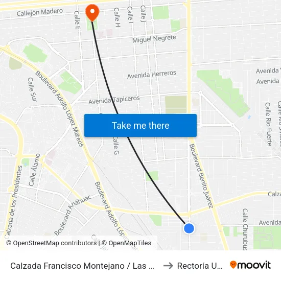 Calzada Francisco Montejano / Las Juntas to Rectoría Uabc map