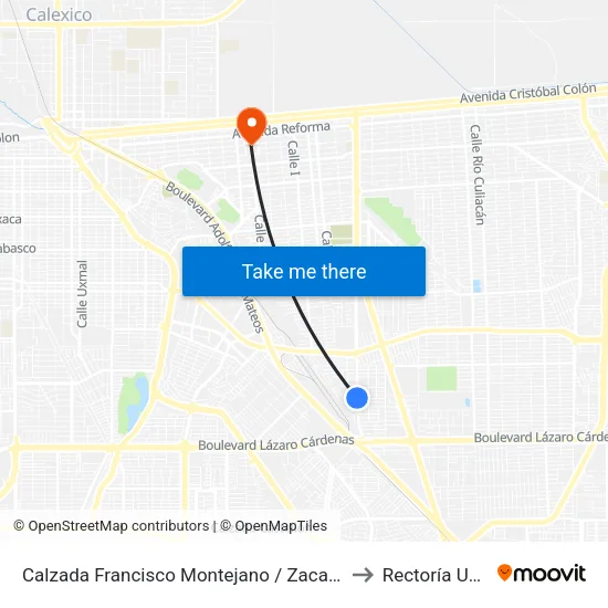 Calzada Francisco Montejano / Zacatepec to Rectoría Uabc map