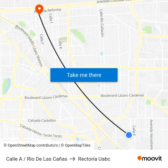 Calle A / Río De Las Cañas to Rectoría Uabc map