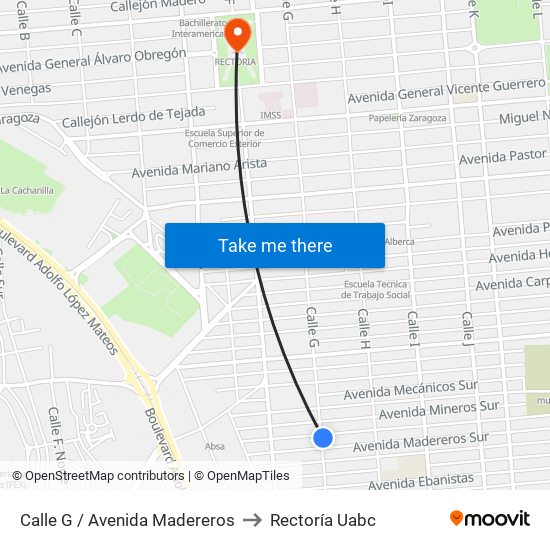 Calle G / Avenida Madereros to Rectoría Uabc map