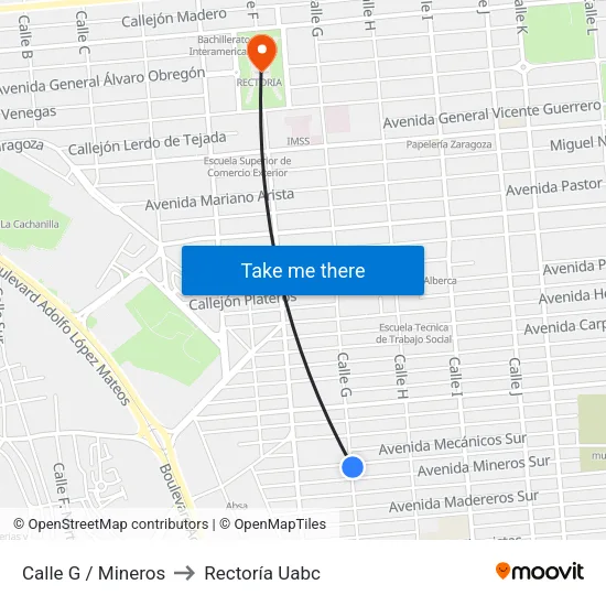 Calle G / Mineros to Rectoría Uabc map