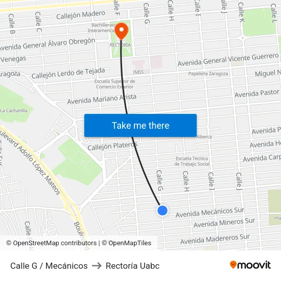 Calle G / Mecánicos to Rectoría Uabc map
