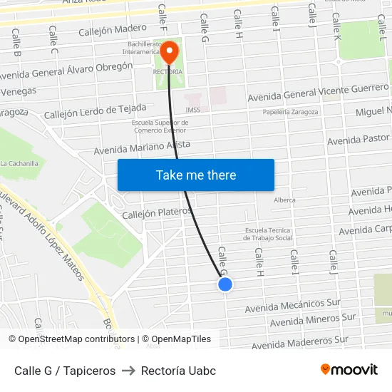 Calle G / Tapiceros to Rectoría Uabc map