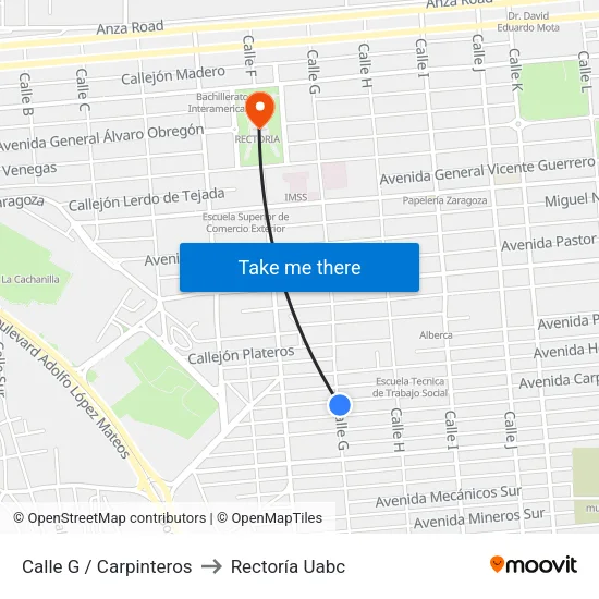 Calle G / Carpinteros to Rectoría Uabc map
