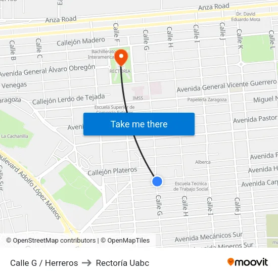 Calle G / Herreros to Rectoría Uabc map