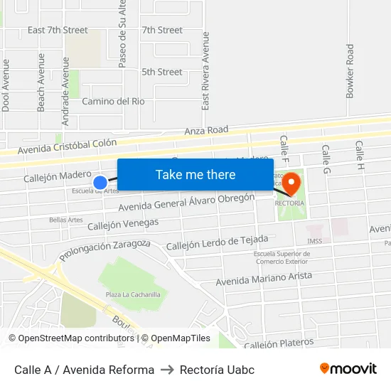 Calle A / Avenida Reforma to Rectoría Uabc map