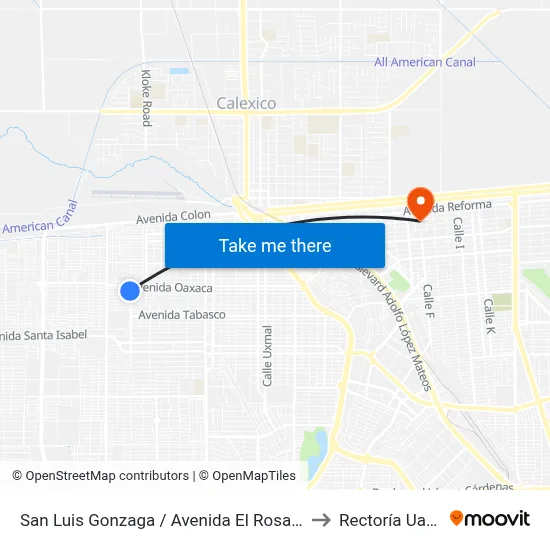 San Luis Gonzaga / Avenida El Rosario to Rectoría Uabc map
