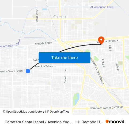 Carretera Santa Isabel / Avenida Yugoslavia to Rectoría Uabc map
