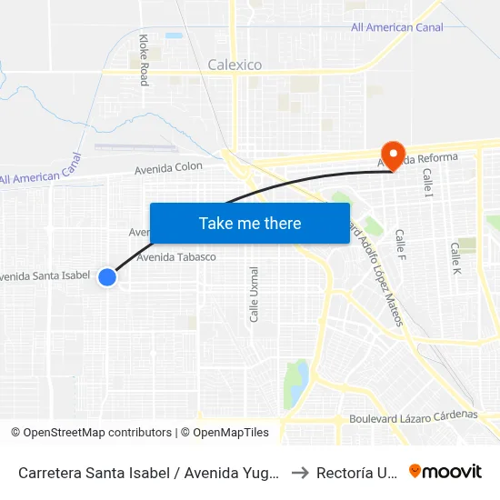 Carretera Santa Isabel / Avenida Yugoslavia to Rectoría Uabc map
