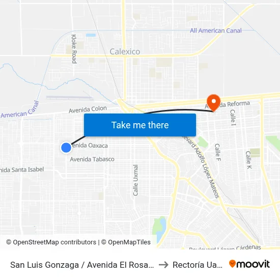 San Luis Gonzaga / Avenida El Rosario to Rectoría Uabc map