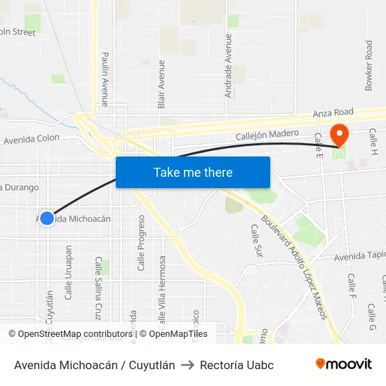 Avenida Michoacán / Cuyutlán to Rectoría Uabc map