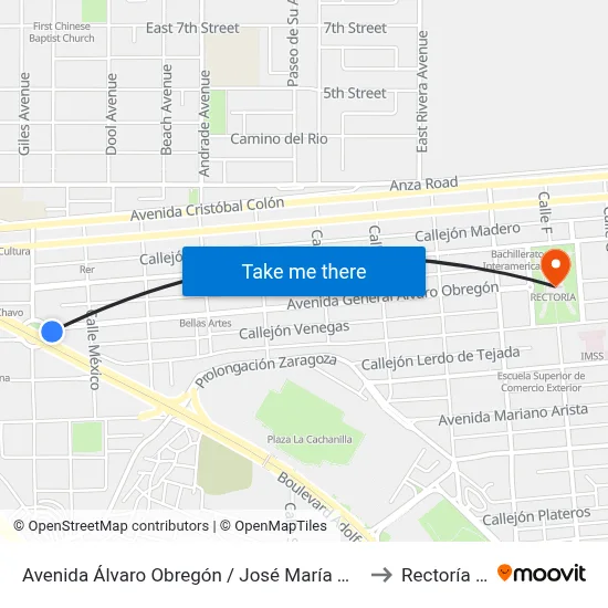Avenida Álvaro Obregón / José María Morelos Y Pavón to Rectoría Uabc map