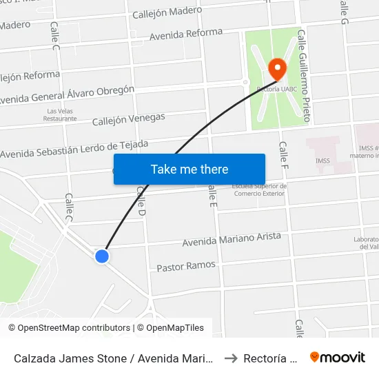 Calzada James Stone / Avenida Mariano Arista to Rectoría Uabc map