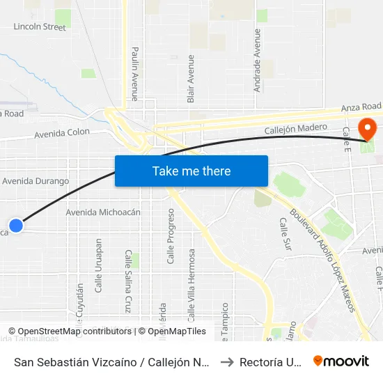 San Sebastián Vizcaíno / Callejón Nayarit to Rectoría Uabc map