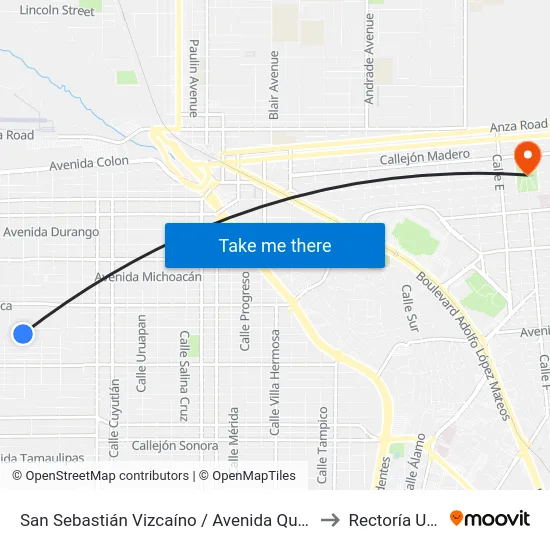 San Sebastián Vizcaíno / Avenida Querétaro to Rectoría Uabc map