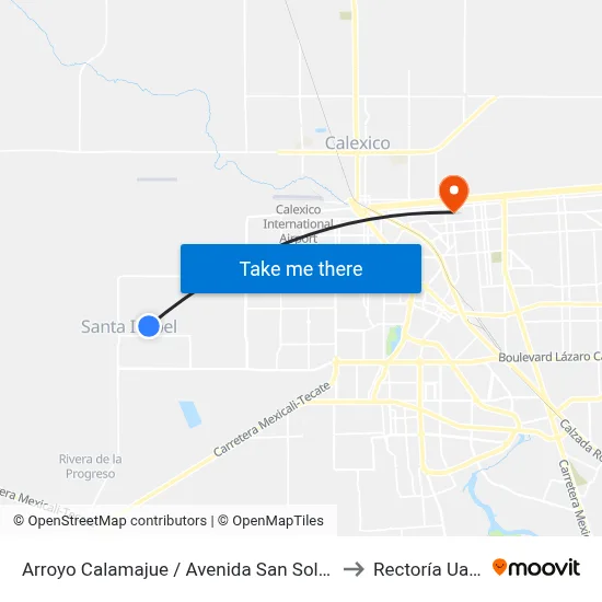 Arroyo Calamajue / Avenida San Solano to Rectoría Uabc map