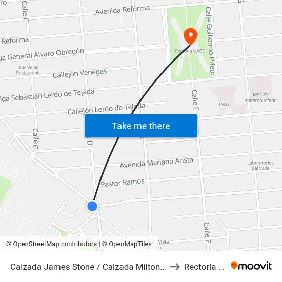 Calzada James Stone / Calzada Milton Castellanos to Rectoría Uabc map