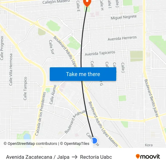 Avenida Zacatecana / Jalpa to Rectoría Uabc map