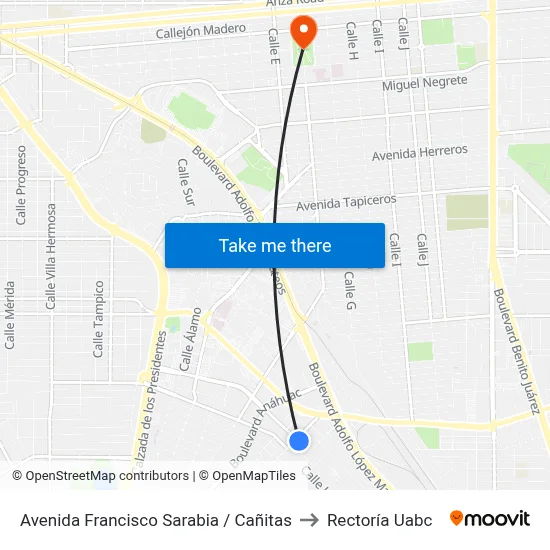 Avenida Francisco Sarabia / Cañitas to Rectoría Uabc map