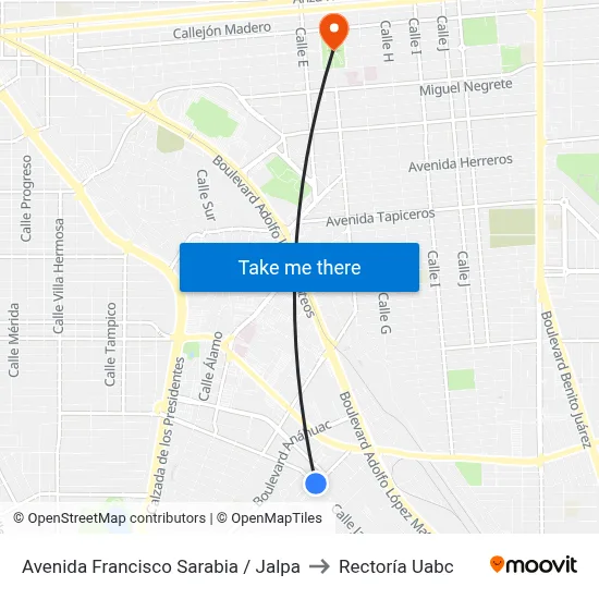 Avenida Francisco Sarabia / Jalpa to Rectoría Uabc map